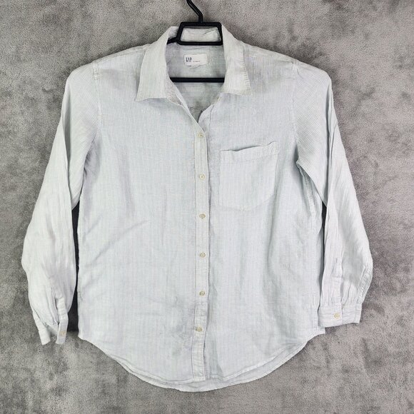 Men's Gap Shirt 100% Linen Light Blue & White Stripes Button-Up Long Sleeve M - Picture 2 of 12
